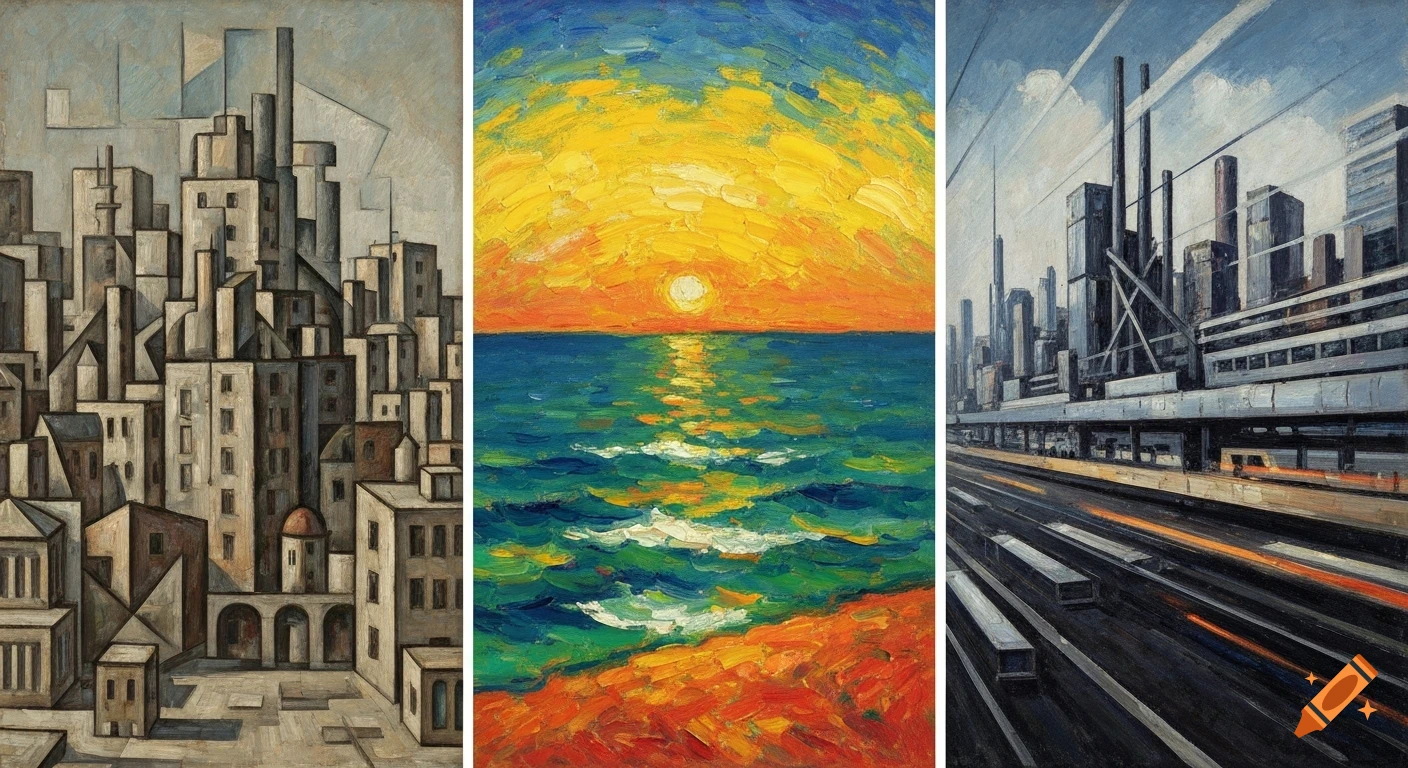 A triptych of art styles: a Cubist city, a Fauvist sunset over the ocean, and a Futurist industrial cityscape with train tracks.