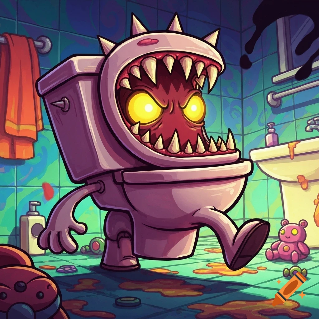 A pink cartoon toilet monster with sharp teeth and glowing yellow eyes walks across a messy bathroom floor.