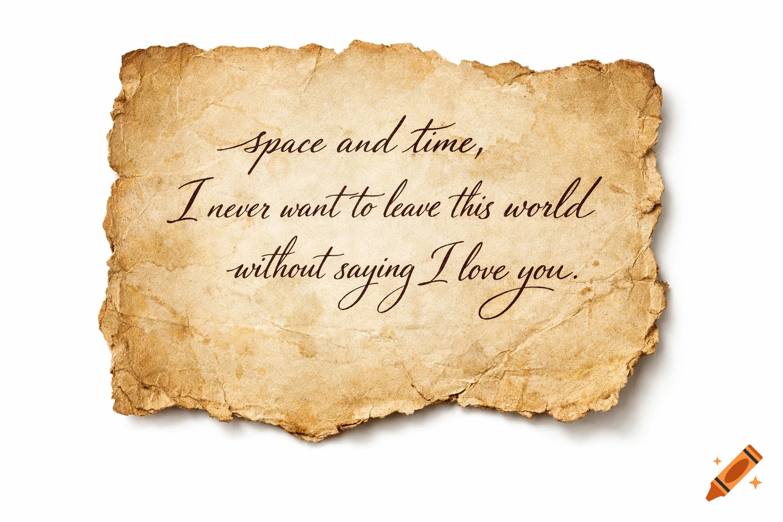 An old, ripped piece of brown paper with a handwritten quote, 'space and time, I never want to leave this world without saying I love you.'