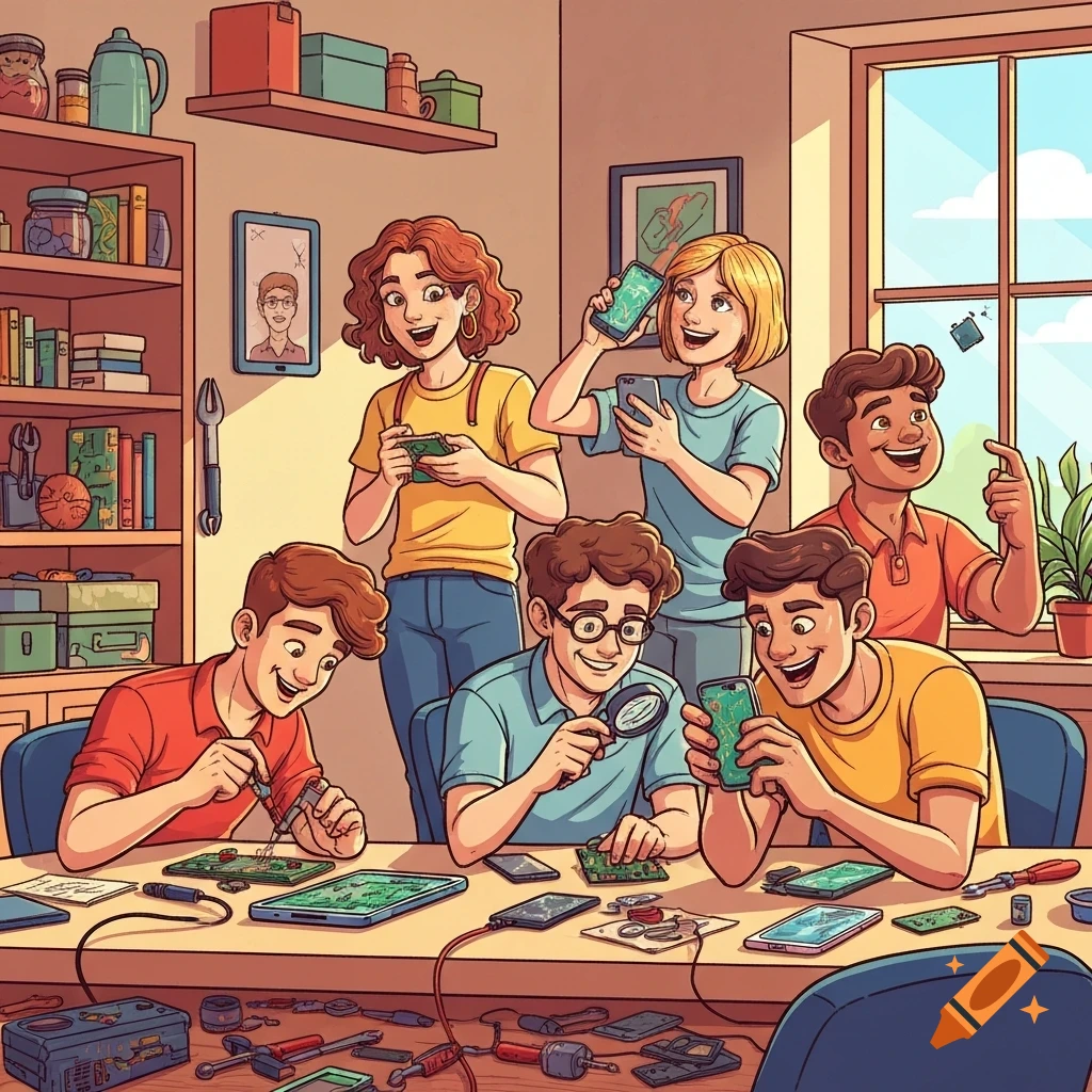 Cartoon of diverse youth repairing smartphones and electronics at a table.