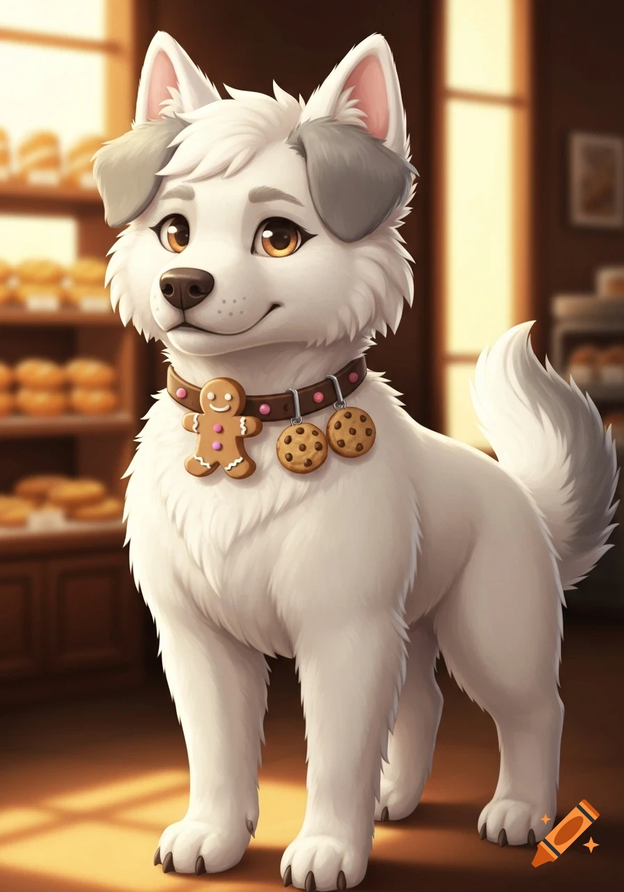 A cute white cartoon dog with gray ears and tail accents, wearing a collar with a gingerbread man and cookies, standing in a cozy bakery.