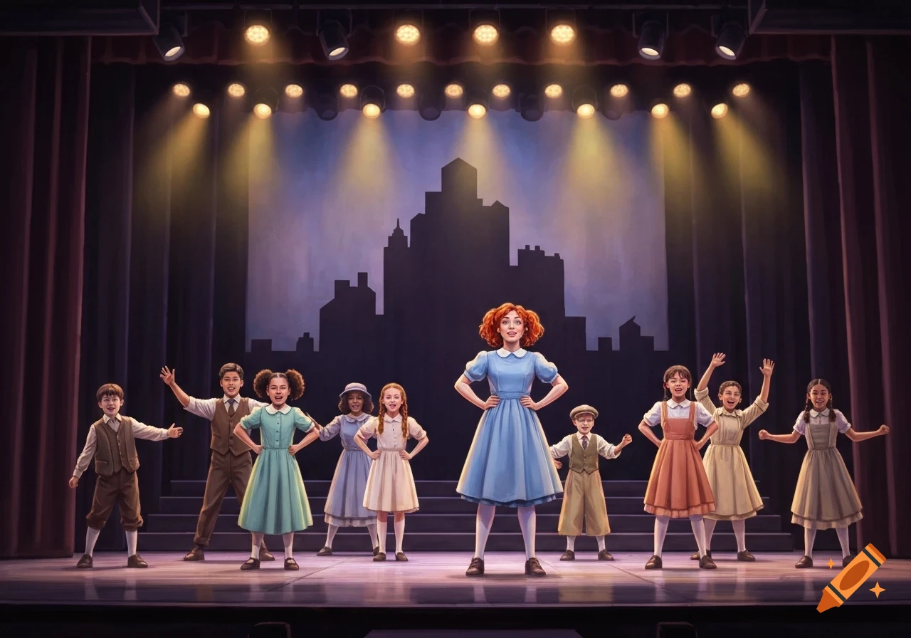 A group of children and an adult woman in period costumes pose on a theatre stage with spotlights and a city skyline backdrop.