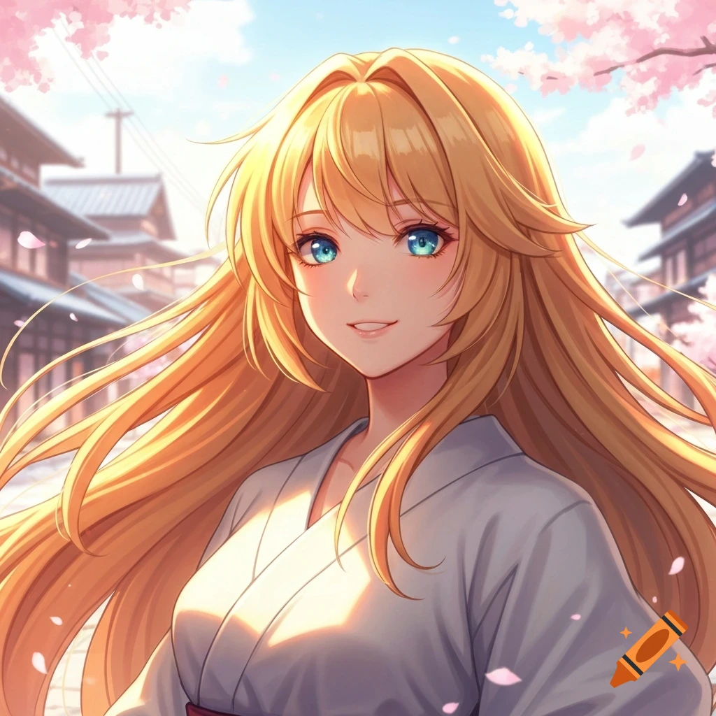 An anime woman with long blonde hair and blue eyes smiles in a traditional Japanese town with cherry blossoms.