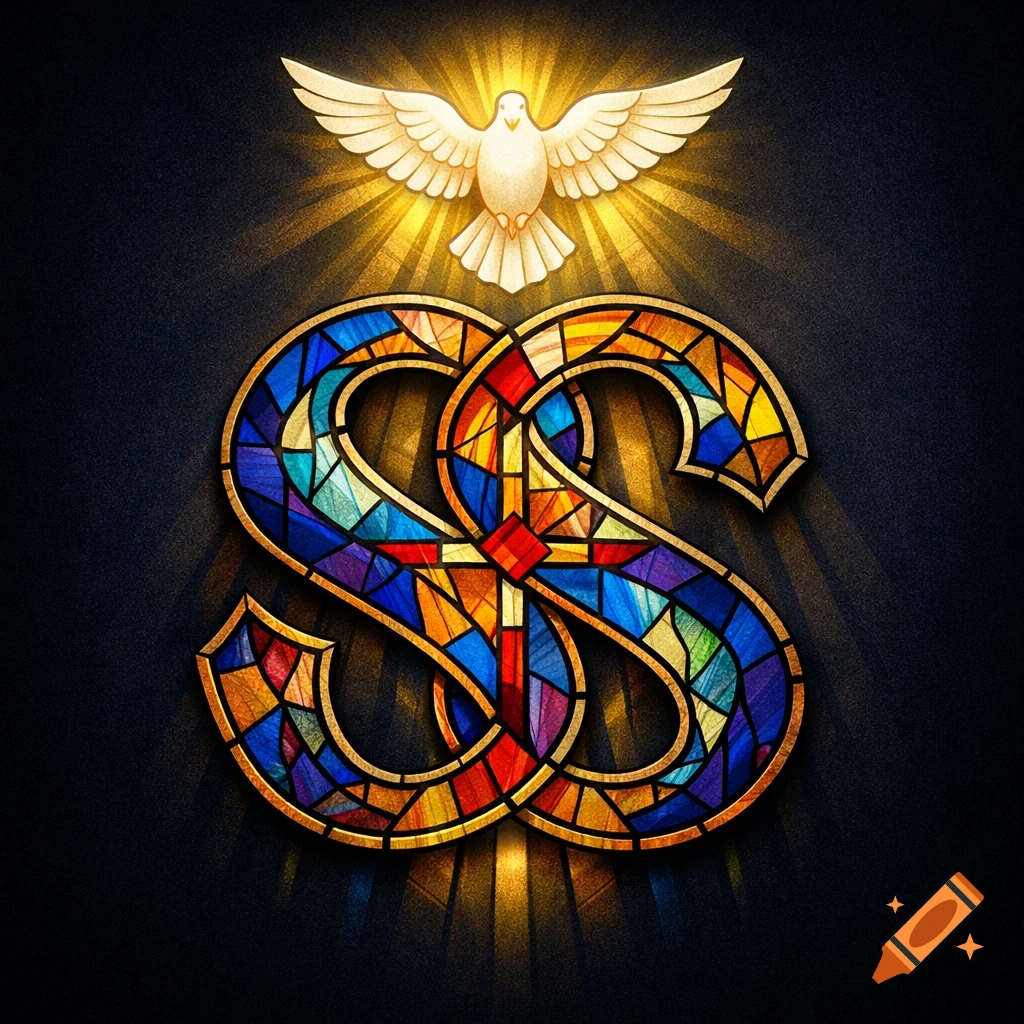 A glowing white dove above interlocking stained glass 'S' shapes, forming a Christian emblem with a cross in the center.