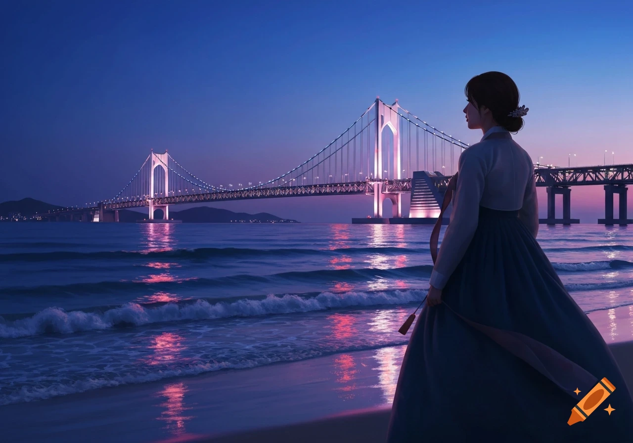 Digital art illustration of a woman in a hanbok looking at the illuminated Gwangandaegyo Bridge from Gwangalli Beach at dusk.