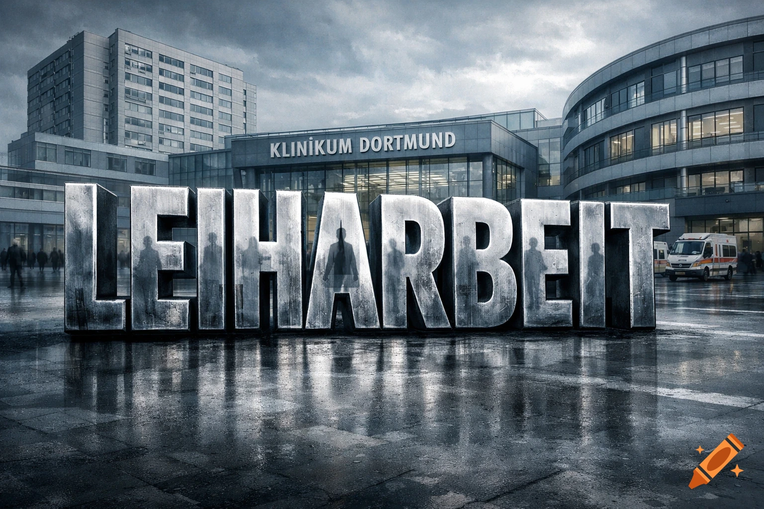Massive weathered metal letters spelling 'LEIHARBEIT' on a wet plaza, with the 'Klinikum Dortmund' hospital building under a cloudy sky.