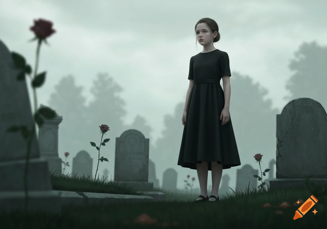 Young girl in a black dress standing solemnly in a misty graveyard with gravestones and red roses, photorealistic style.