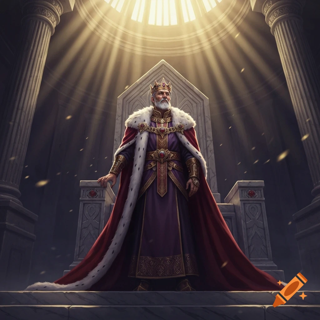 An old king in regal attire stands before a throne in a grand, sunlit hall with pillars.