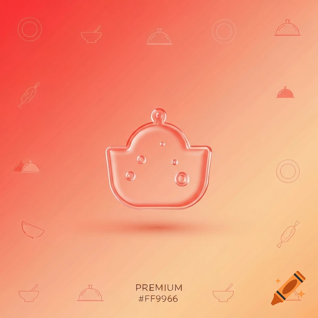 A translucent, glass-like food icon with bubbles, centered on a coral to peach gradient background, with scattered faint kitchenware outlines.