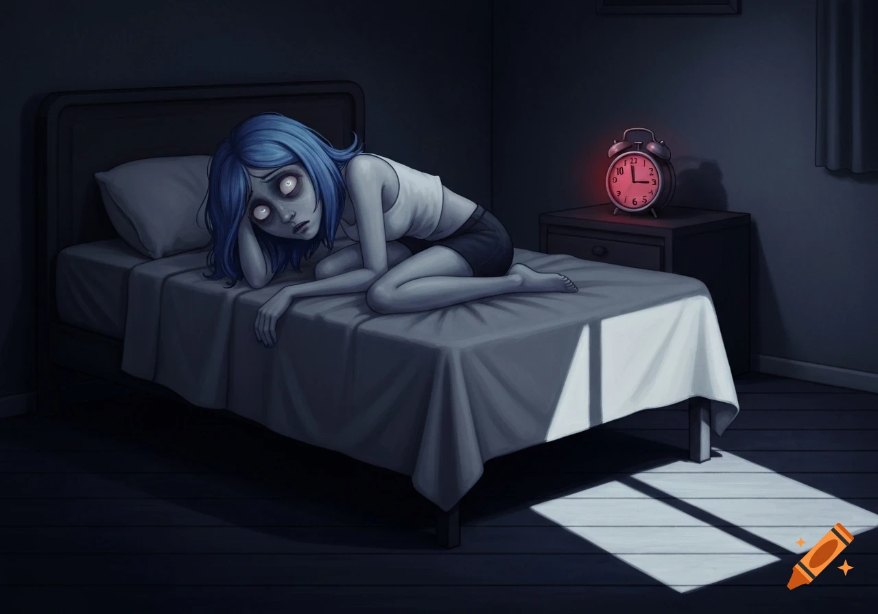 A cartoon girl with blue hair and wide, blank eyes lies on a bed in a dark room, looking sad and disheveled. An alarm clock glows red on a nightstand.