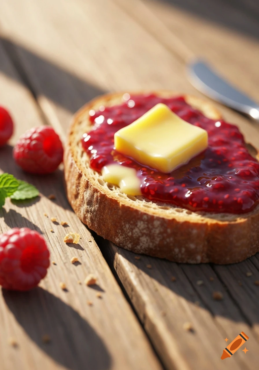 A slice of toast topped with raspberry jam and melting butter, accompanied by fresh raspberries on a wooden table.