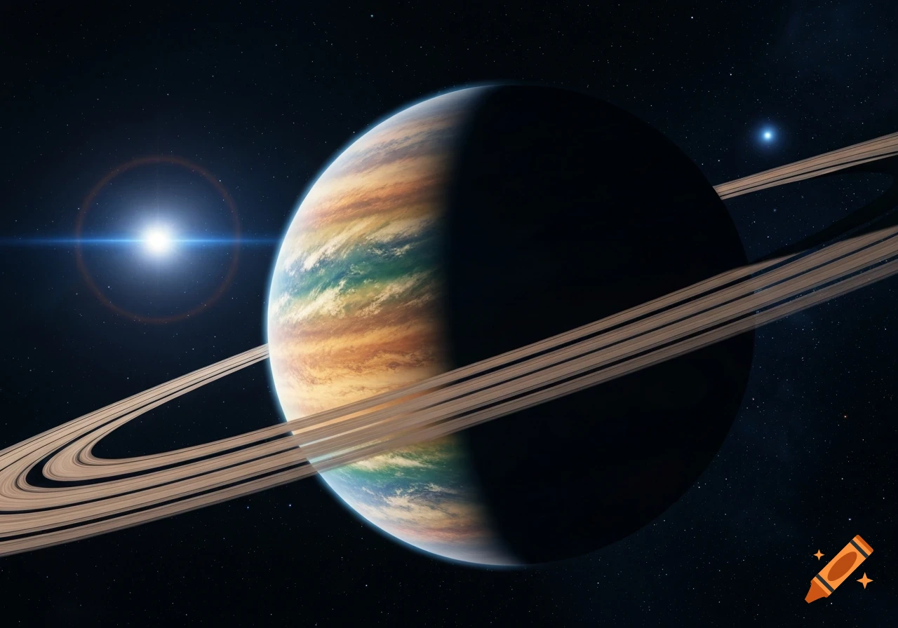 A colorful ringed planet partially illuminated by a bright star in a dark, star-filled space.