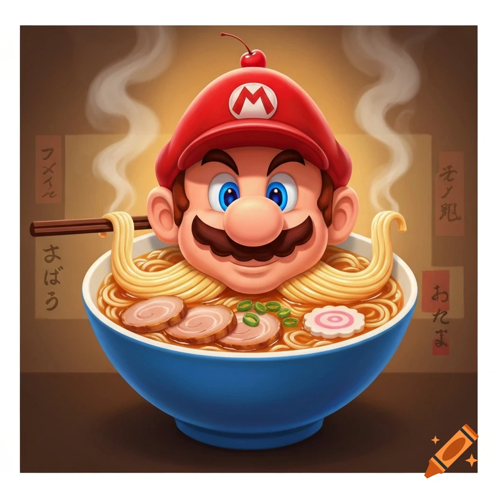 Cartoon Mario head with a red cap and ramen noodle mustache in a blue bowl of ramen with pork slices.