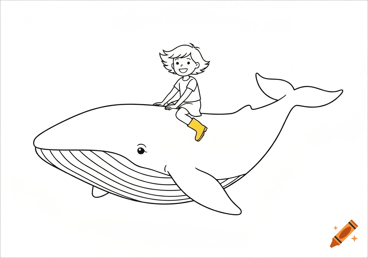 Line art of a smiling girl with short hair, wearing a skirt and yellow boots, sitting on the back of a large whale.