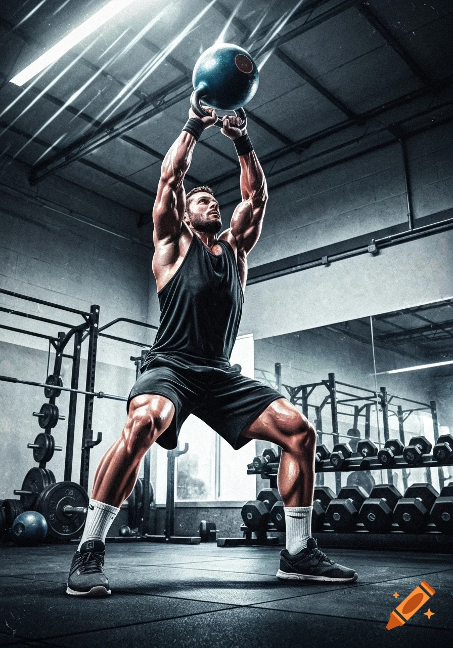 A muscular man performs a kettlebell snatch overhead in a gym with dramatic lighting.