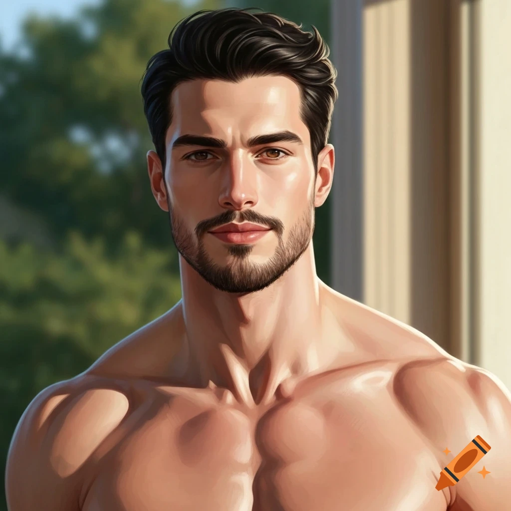 Handsome man with dark hair, beard, and muscular bare chest, looking forward in a digital art style.