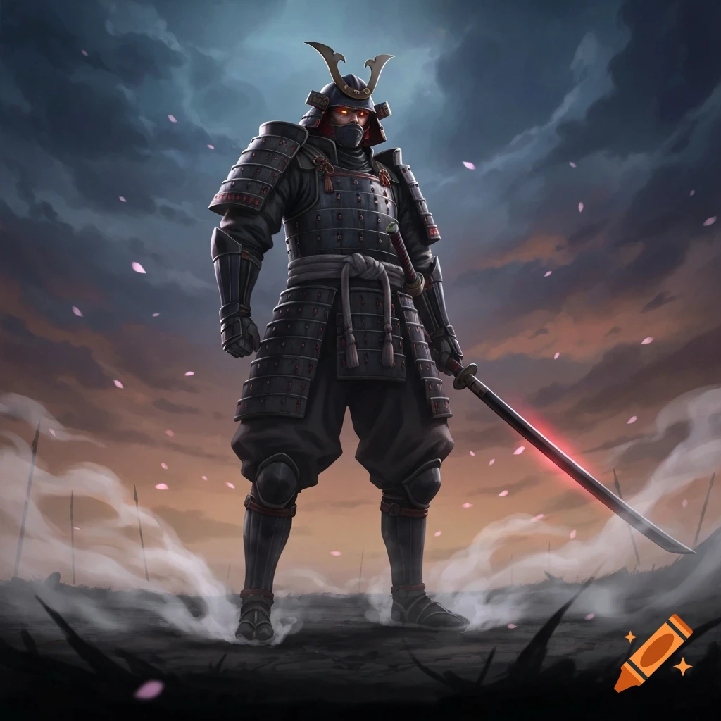 A stylized samurai warrior in dark armor with glowing red eyes and a red glowing sword stands in a smoky field with falling cherry blossoms under a dramatic sky.