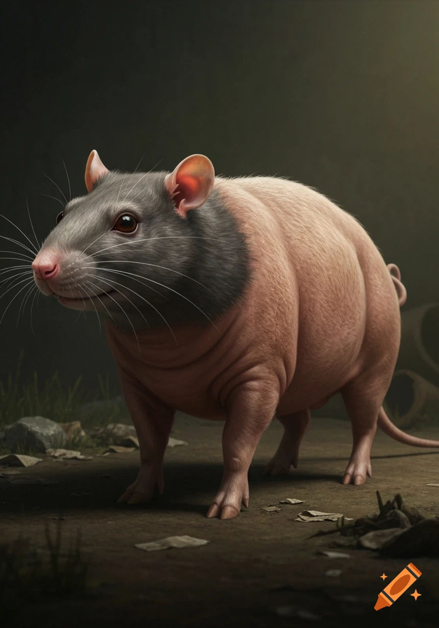 A photorealistic depiction of a rat-pig hybrid animal with a gray rat head and pink pig body, standing on dirt ground in a dark setting.