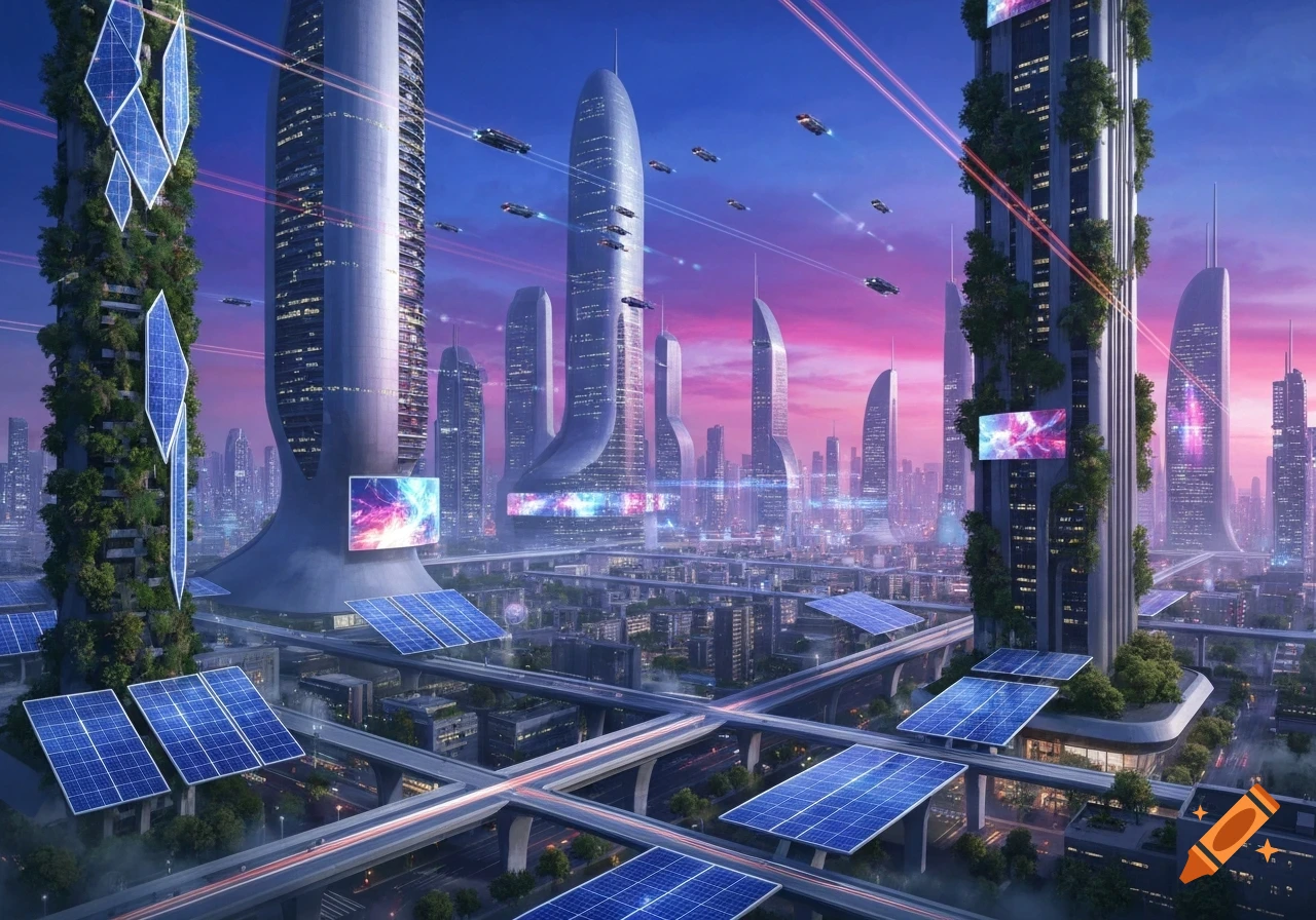A vibrant, futuristic city at dusk with sleek skyscrapers, flying vehicles, and numerous solar panels.