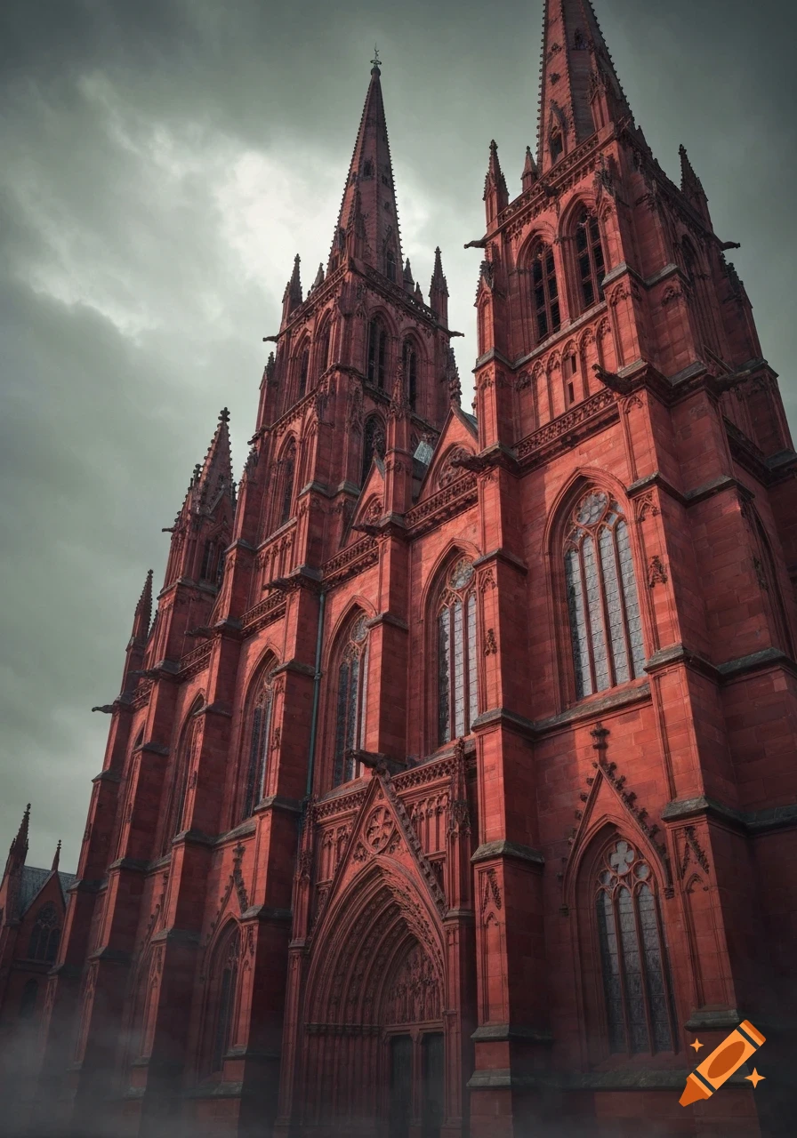 A dramatic low-angle shot of a red sandstone Gothic cathedral with towering spires against a dark, cloudy sky.