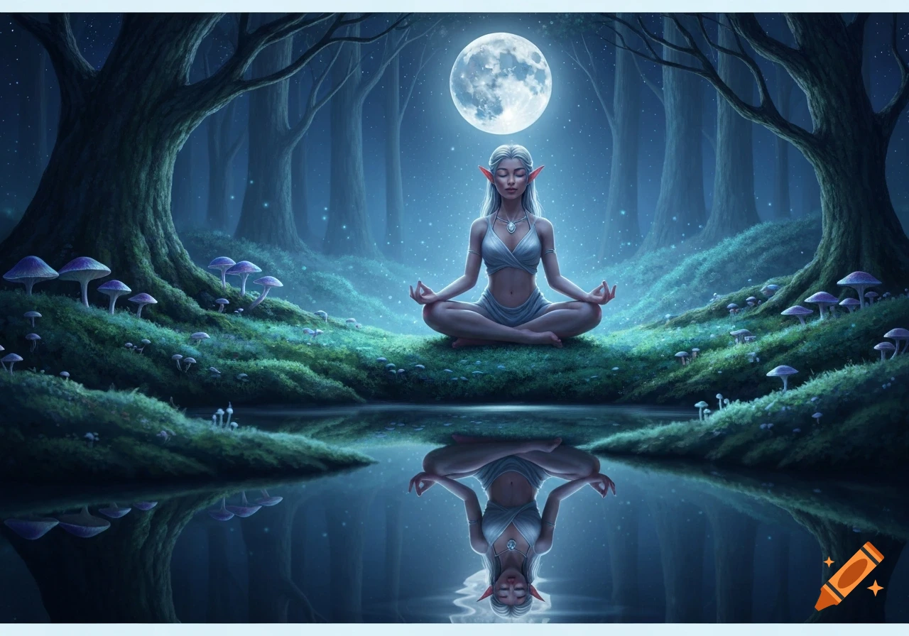 An elf meditating in lotus position under a full moon in a mystical forest with bioluminescent mushrooms, reflected in a still pond.