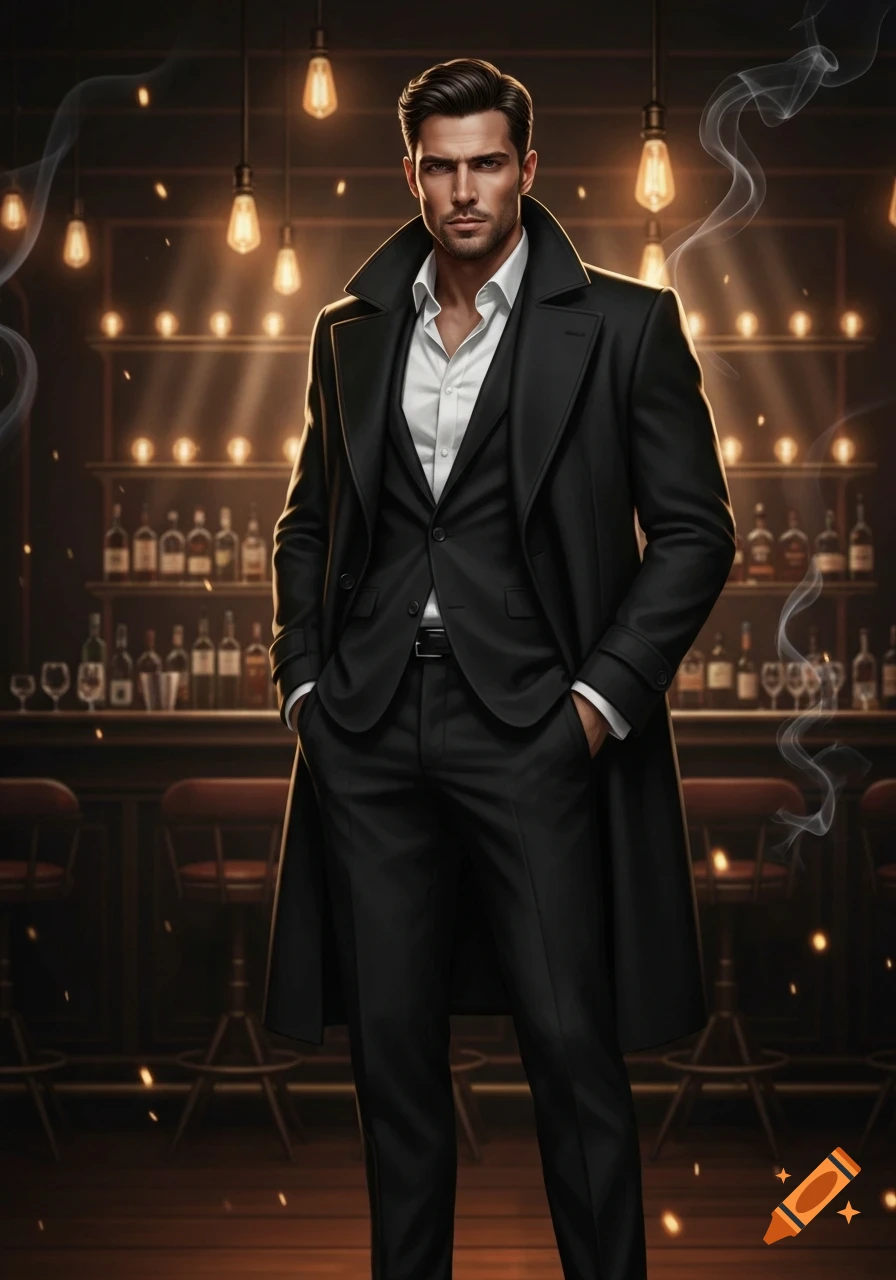A stylish man in a black overcoat, blazer, and white shirt stands in a dimly lit bar with glowing overhead lights and bottles on shelves.