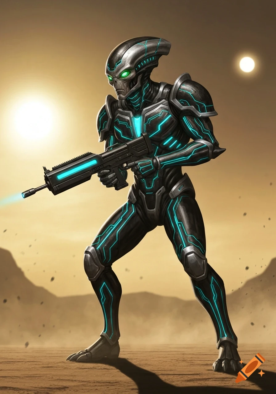 An alien in black armor with glowing blue lines holds a futuristic rifle on a desert planet under two suns.