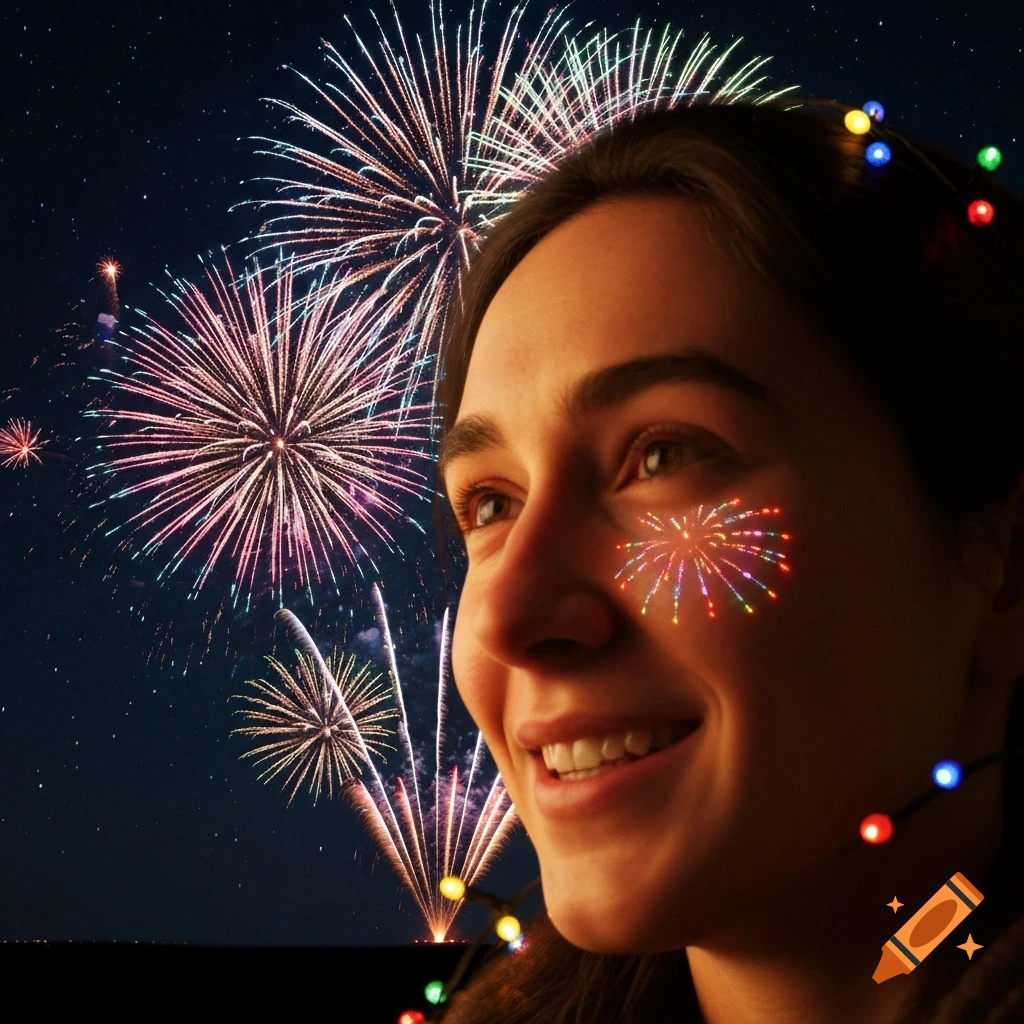 A smiling woman with festive lights in her hair and a fireworks pattern on her cheek looks up at colorful fireworks in the night sky.
