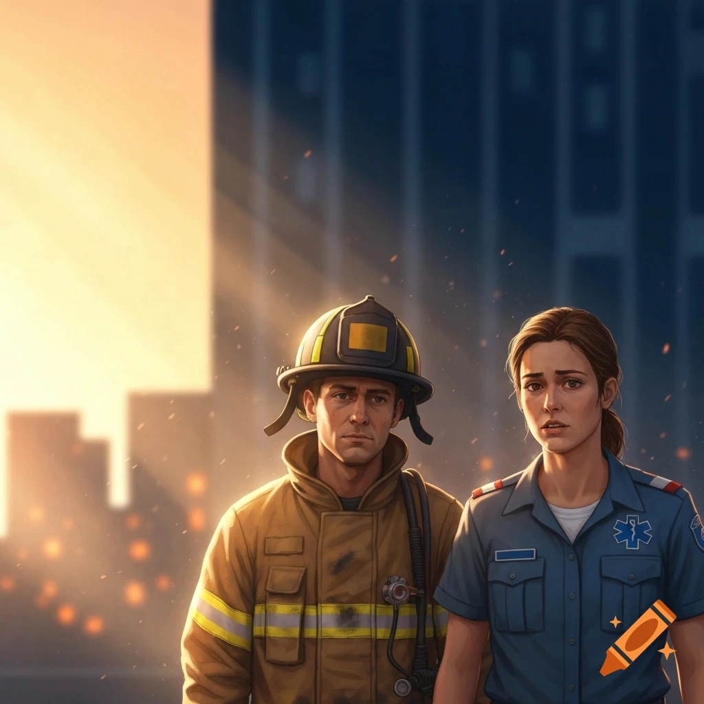 A solemn firefighter and an EMT stand side-by-side, looking concerned, against a backdrop of a city building bathed in warm, dusty light.