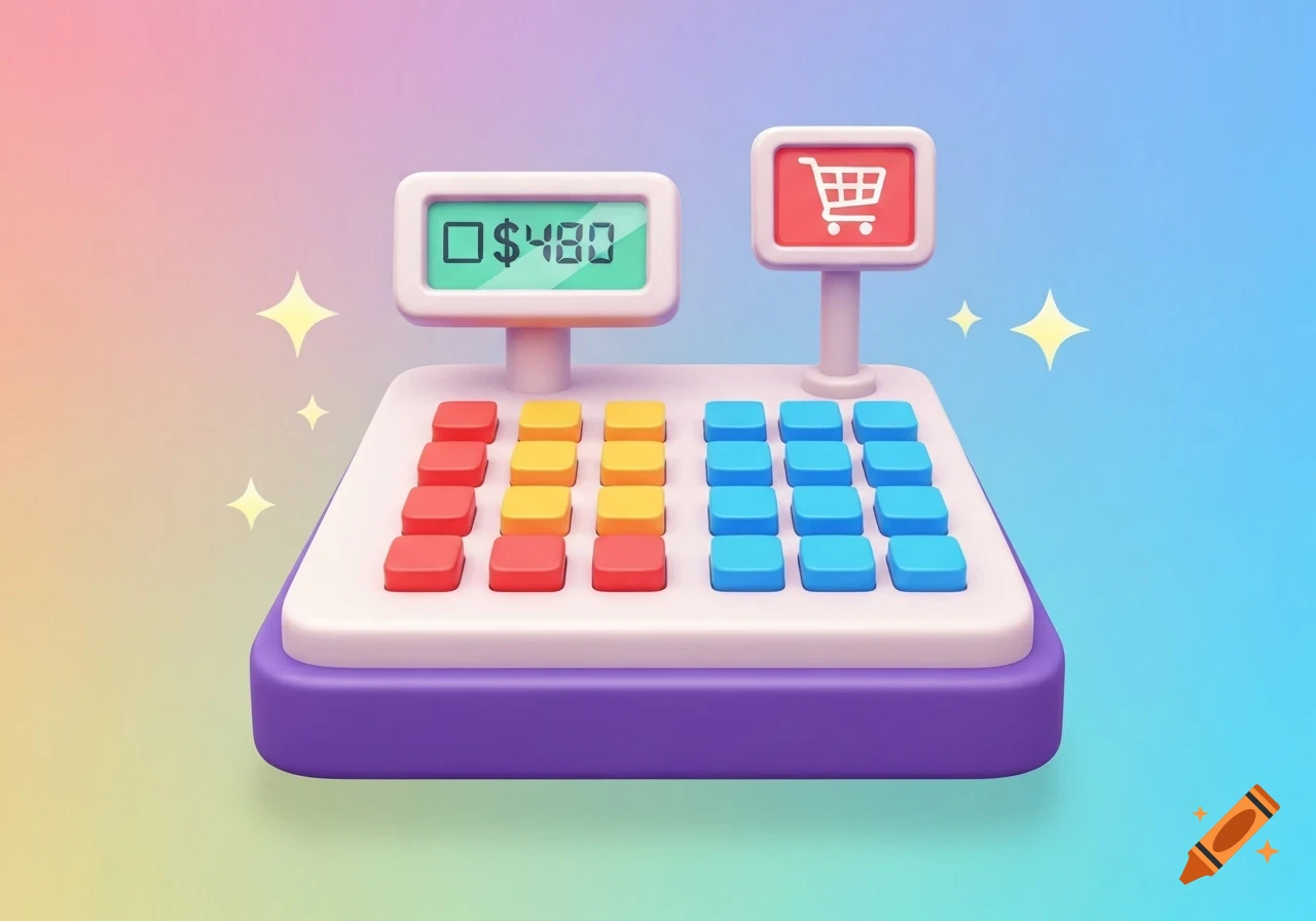 A colorful cartoon cash register with red, yellow, and blue buttons, a screen showing '$480', and a shopping cart icon, on a gradient background.