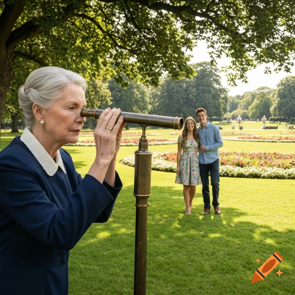 An older woman looks through an antique brass telescope in a sunny park, observing a young couple smiling in the background.