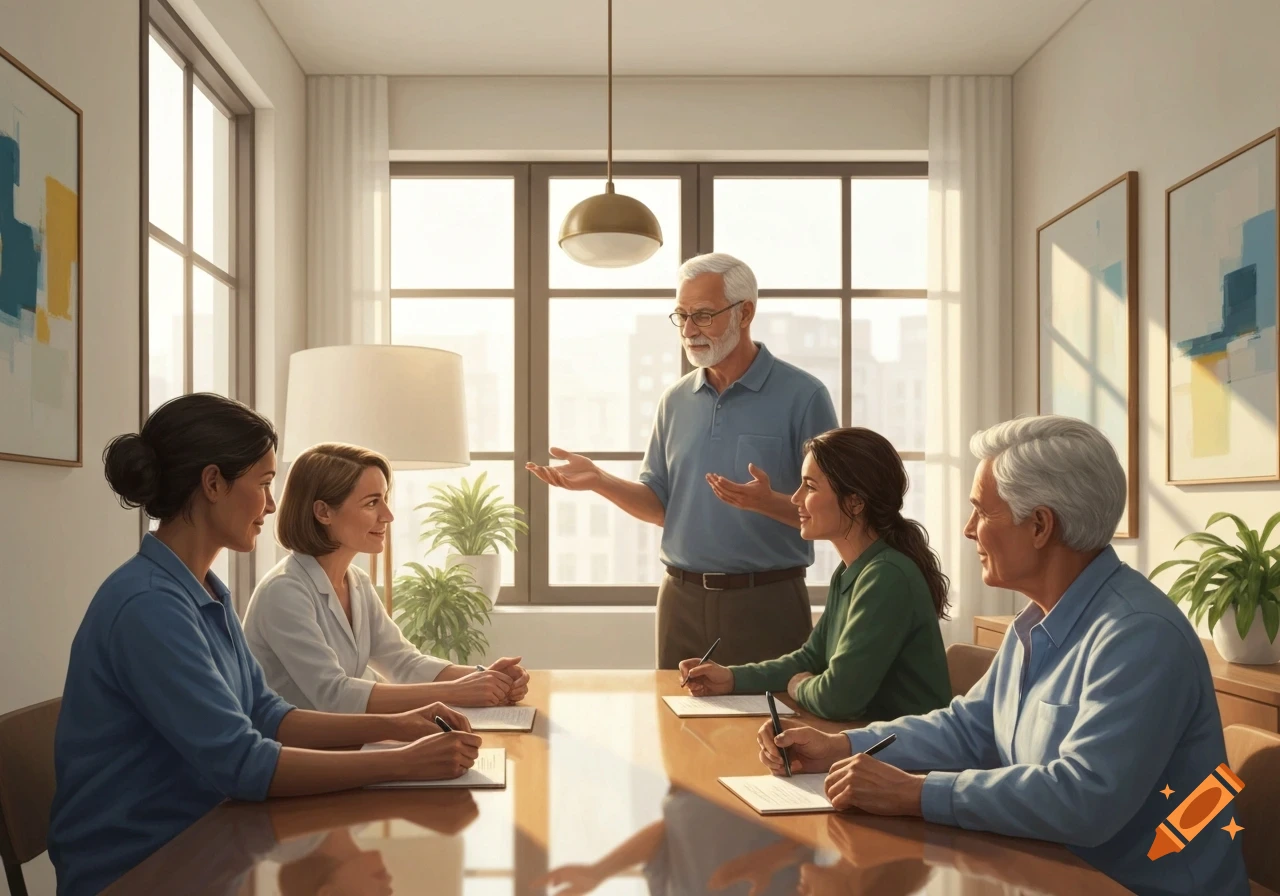 A diverse group of adults in a bright modern room, with one man standing and talking, while four others sit at a table taking notes.