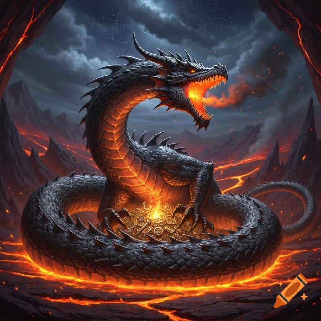 A fearsome black dragon with glowing orange undersides breathes fire ...