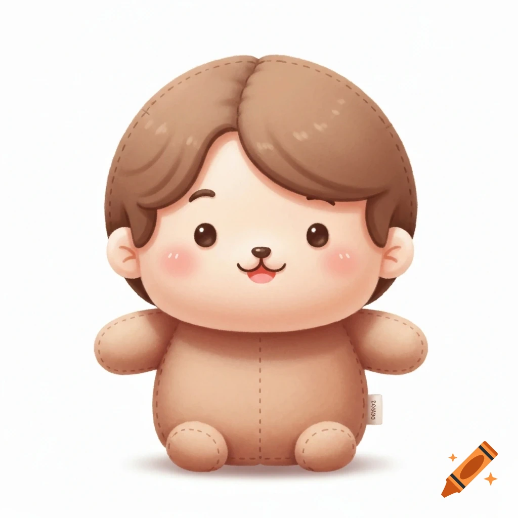 A cute, round brown plush toy with a human-like face, brown hair, and rosy cheeks on a white background.