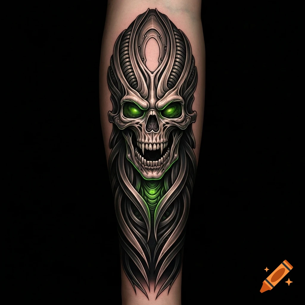 A detailed biomechanical skull tattoo with glowing green eyes and intricate metallic structures on a forearm.