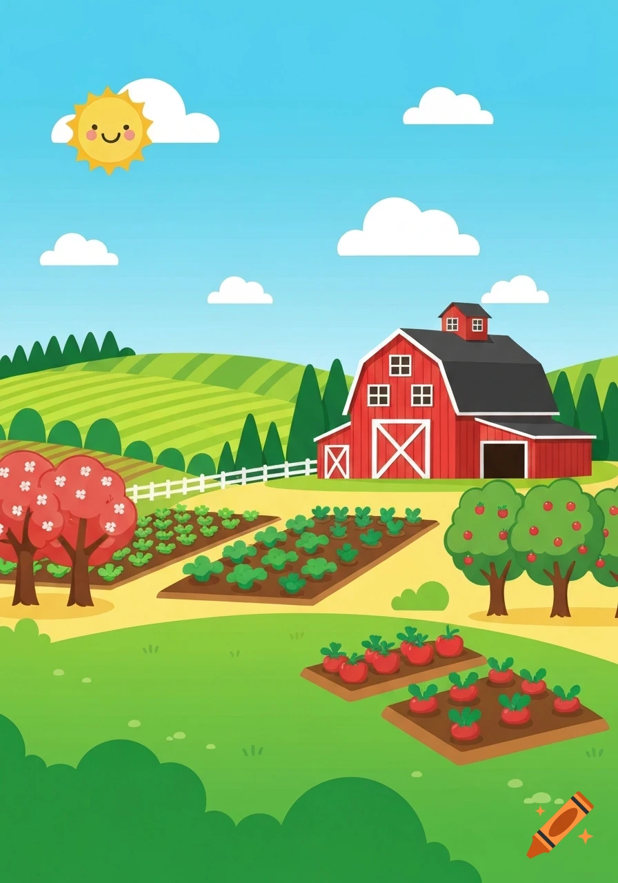 Colorful illustration of a friendly farm scene with a red barn, fields, fruit trees, vegetable patches, and a smiling sun.