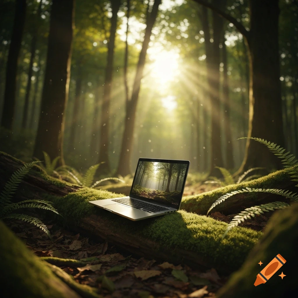 A silver laptop sits on a mossy log in a sun-drenched forest, reflecting the trees on its screen.