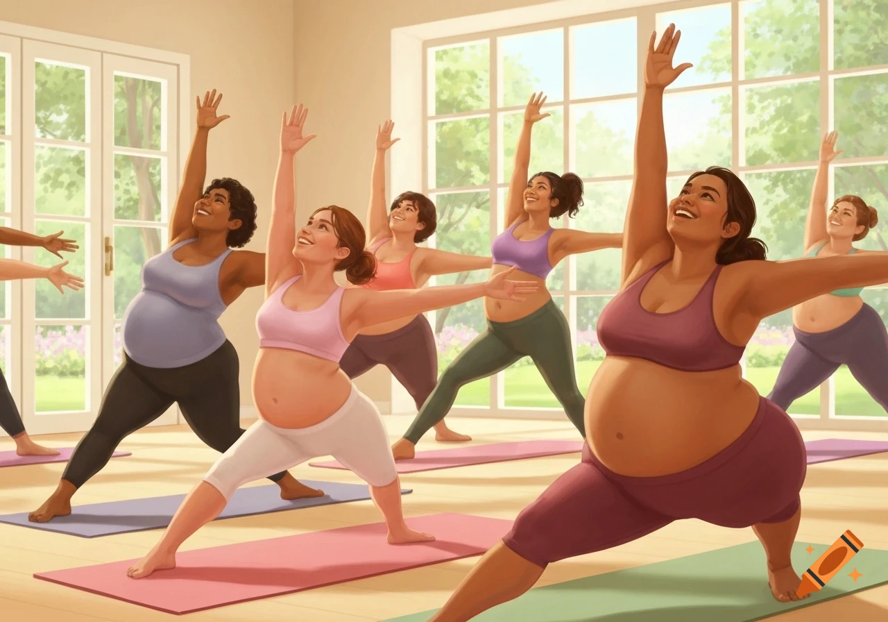 Illustrated group of diverse pregnant women smiling and doing yoga poses in a bright studio.
