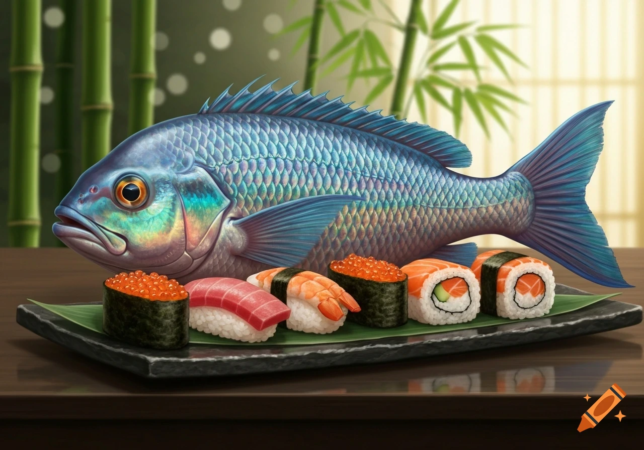 A large blue fish stands behind a plate of sushi rolls and nigiri against a bamboo background.