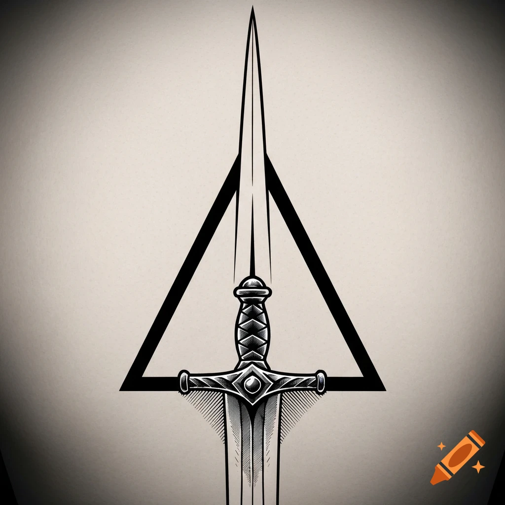 A stylized tattoo design featuring a sword pointing upwards, piercing through the bottom bar of a bold inverted black triangle.