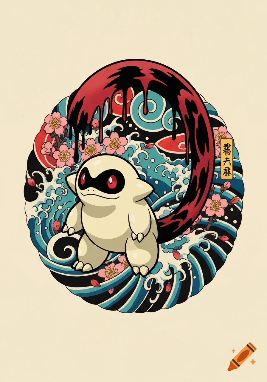 A cream-colored, masked creature with red eyes, in a traditional Japanese tattoo style with waves, cherry blossoms, and dripping red and black fluid.