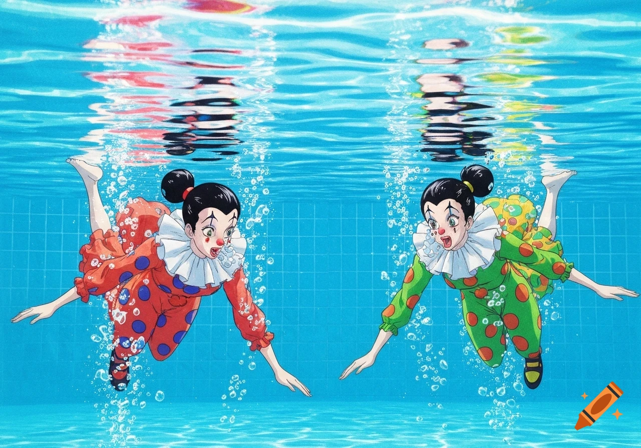 Two clown girls in colorful costumes swim underwater in a blue pool, rendered in an 80s anime illustration style.