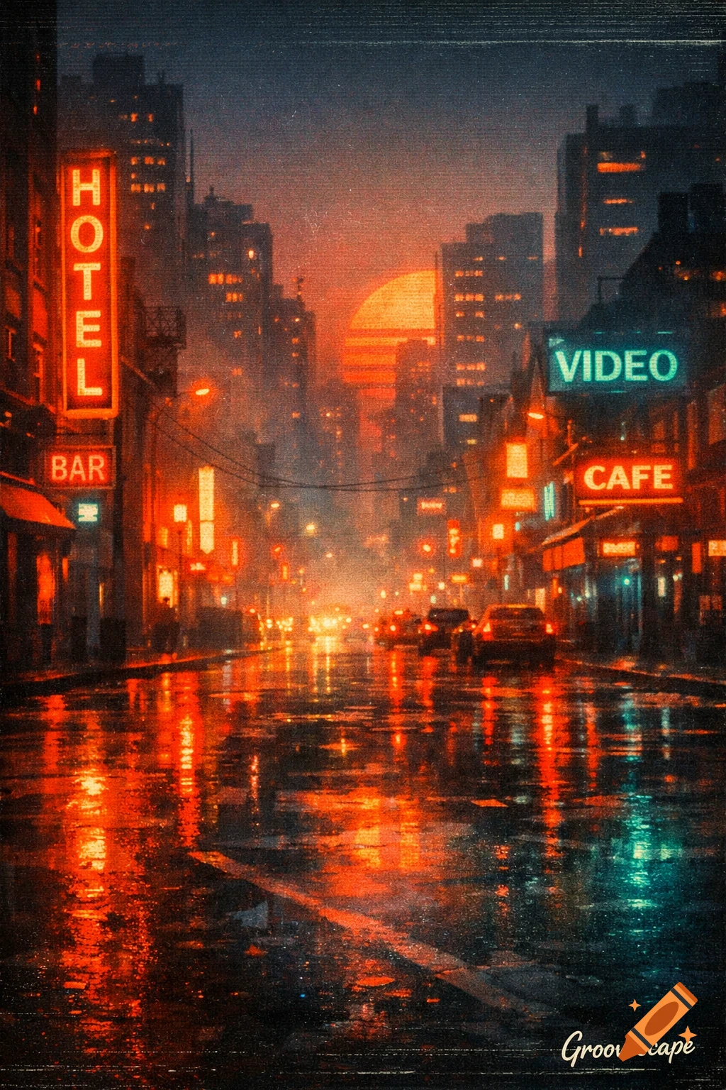 Retro city street at night with wet asphalt reflecting vibrant neon signs and cars under a large setting sun, with a VHS grain effect.