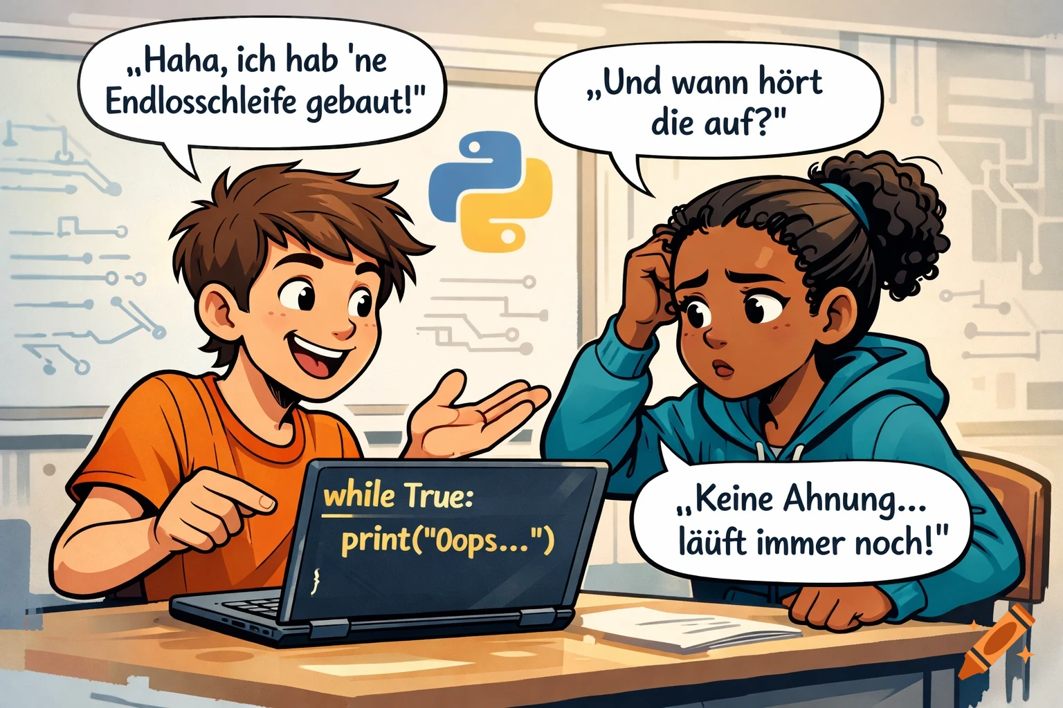 A cartoon of two children discussing an infinite loop in Python code shown on a laptop.