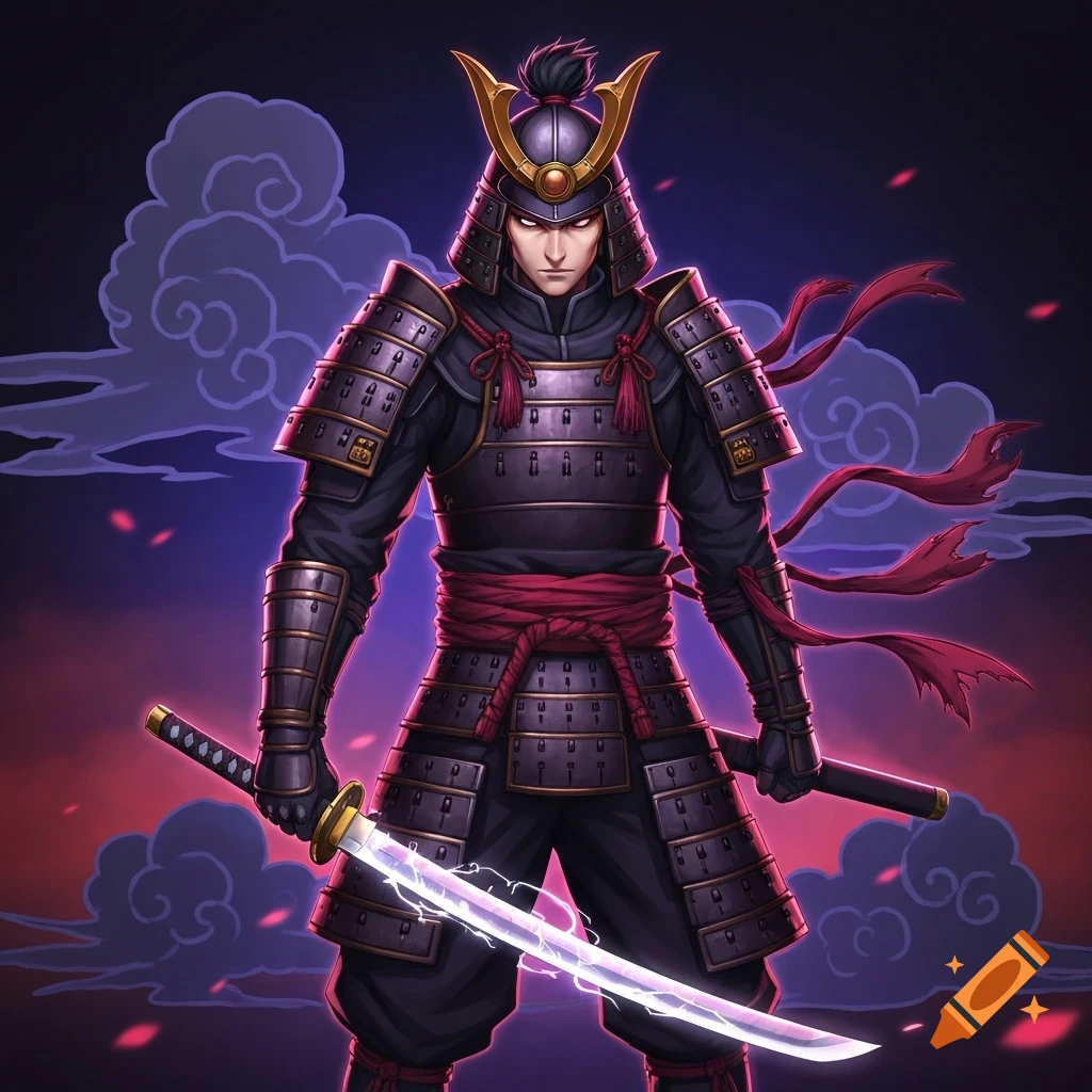 Anime samurai warrior in dark armor holding a glowing katana against a smoky, dark background.