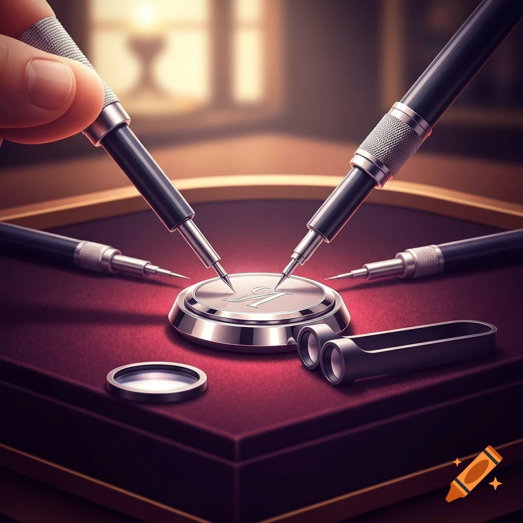 A hand uses a precision pen to engrave a silver medallion on a red velvet surface, surrounded by other tools.