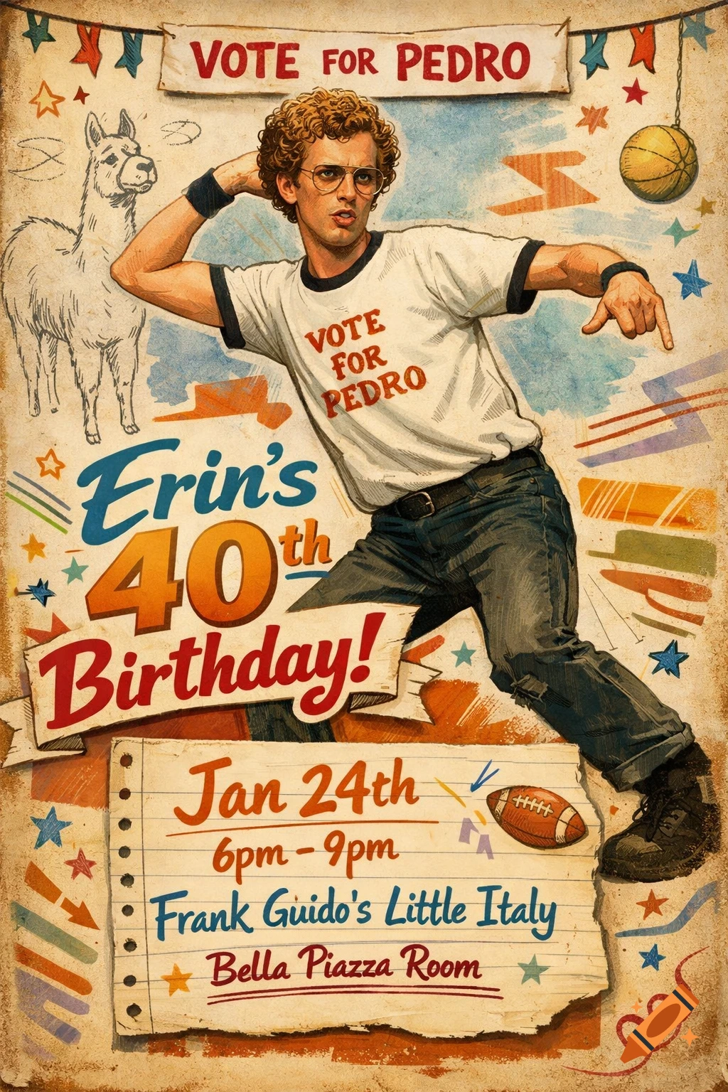 A vintage-style birthday invitation features Napoleon Dynamite dancing in a 'Vote For Pedro' shirt next to a llama, with event details.