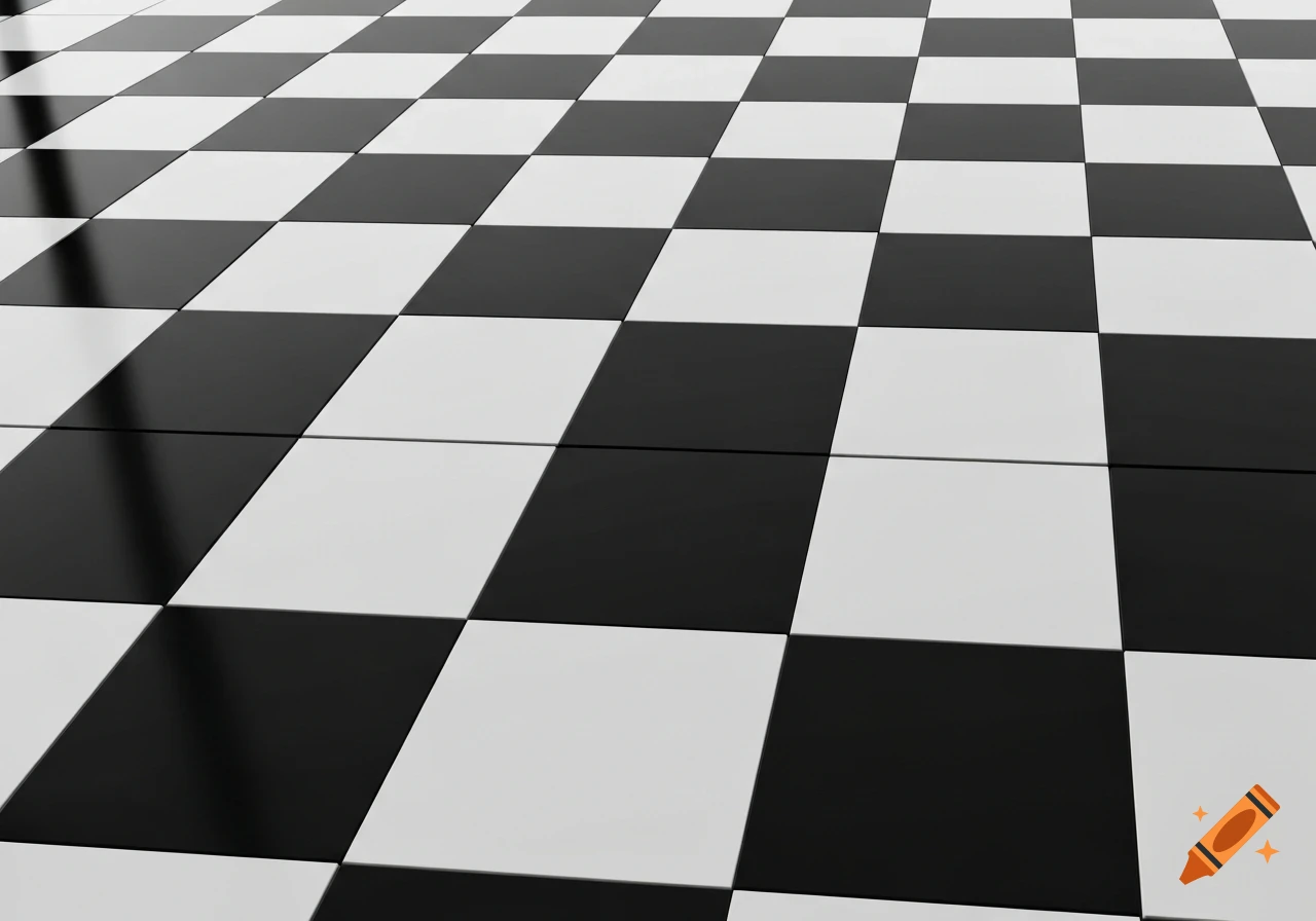 A black and white checkered floor extends into the distance, with squares alternating in color.