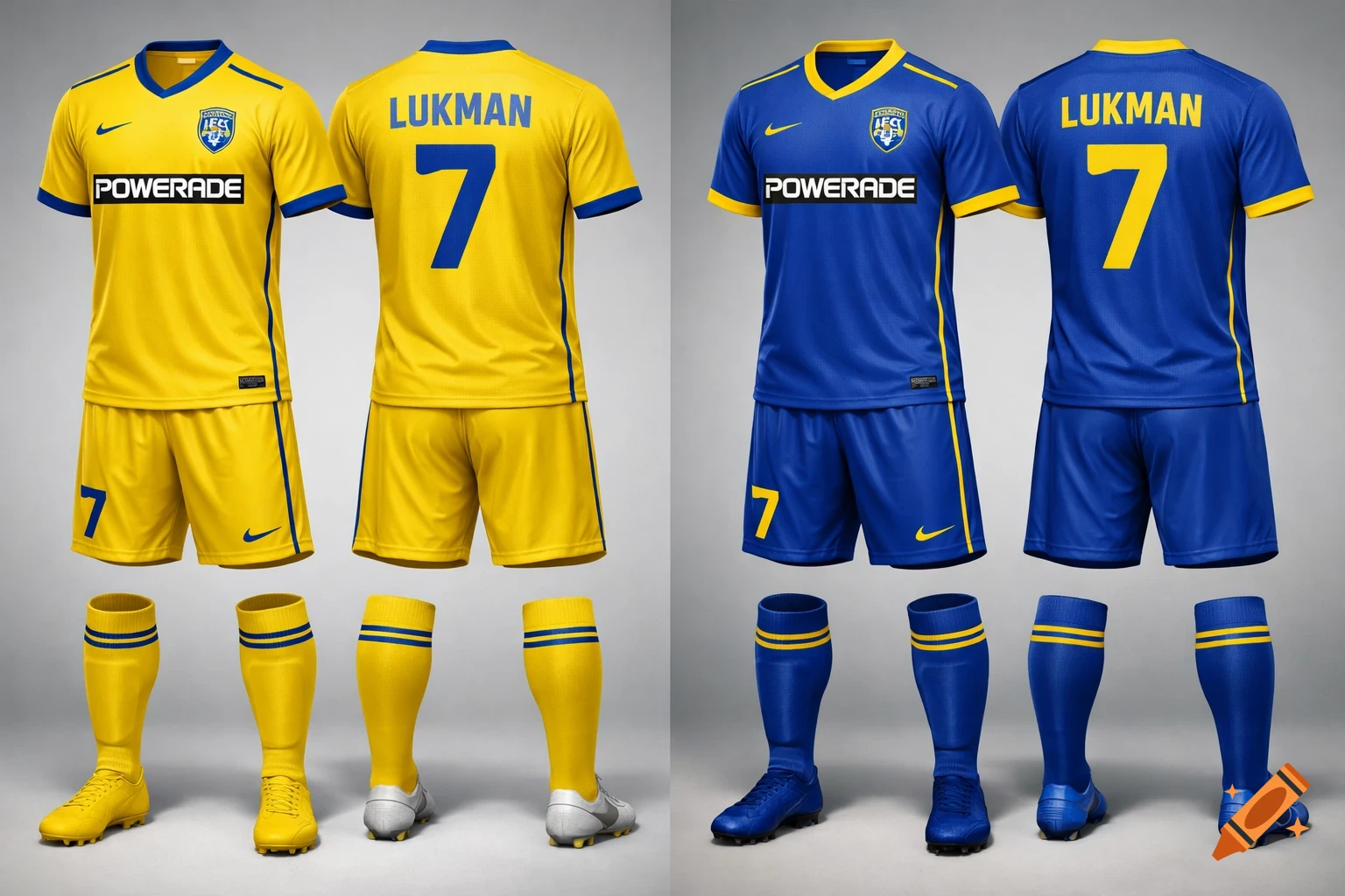 Two realistic 3D soccer uniform mockups, a yellow home kit and a blue away kit, both featuring the name LUKMAN, number 7, and a POWERADE sponsor, shown with socks and cleats on a neutral background.