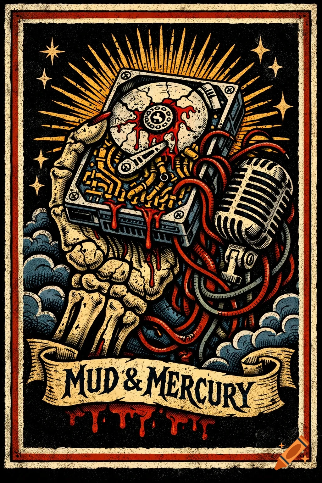 A tarot card style illustration with a skeletal hand, bleeding hard drive, wires, microphone, and a 'MUD & MERCURY' banner.